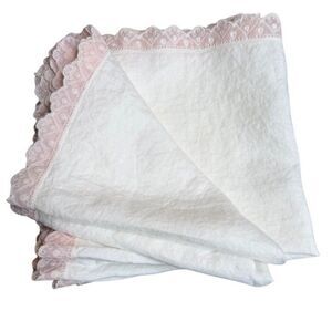 Handkerchief Cloth Napkin Set of 8 White VTG Pink Lace Eyelet Trim Whimsical